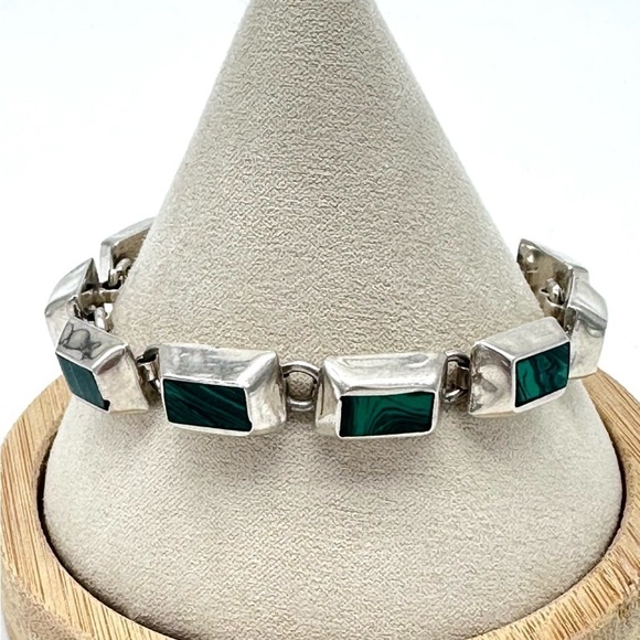 Jewelry - Vintage Sterling and Malachite Bracelet -Silver &Green Stamped Mexico 3.5 grams
